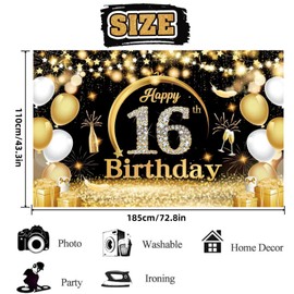 Happy 16th Birthday Party Banners,Birthday Party Decoration Extra Large Fabric Black Gold Sign Poster for Anniversary Photo Booth Backdrop Background Banner, 72.8 x 43.3 Inch