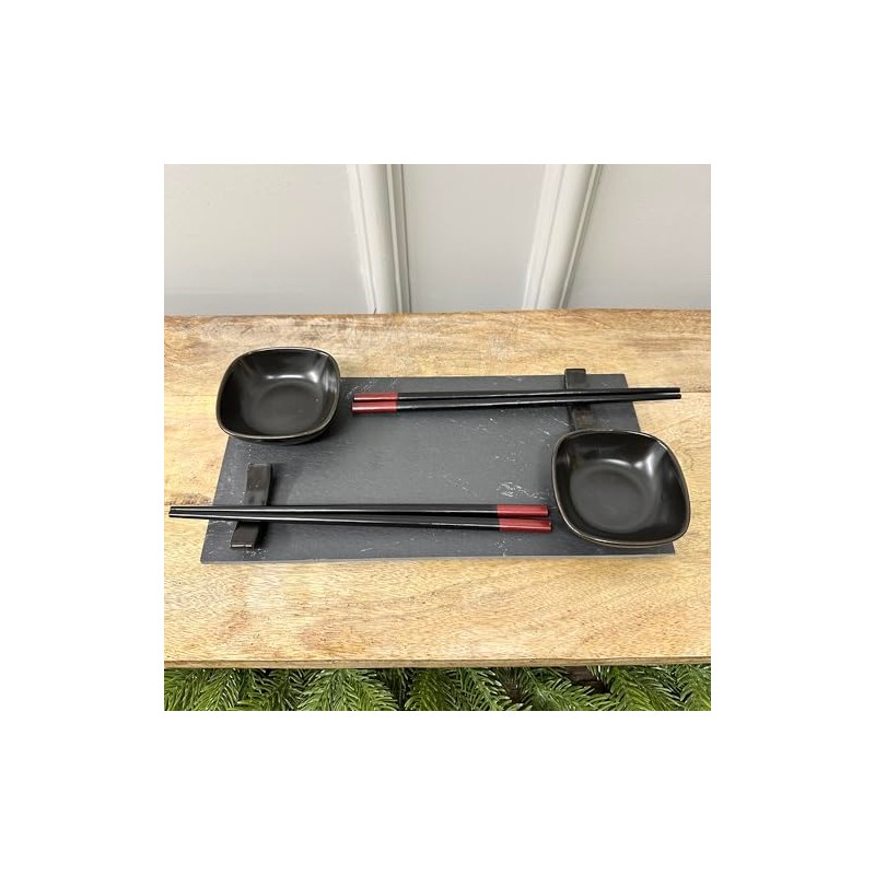 pf+a 7-Piece Sushi Serving Set, Black Soy Dishes and Chopsticks