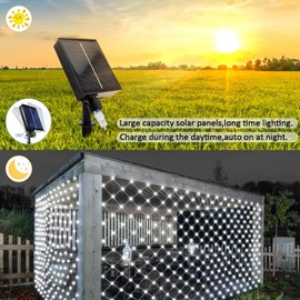 Solar Netz Lichter - 1.5 x 1.5 Meter Mesh Lichterkette 96 LEDs Außen Wasserdicht mit 8 Beleuchtungsmodi, Fernbedienung Weihnachtsbaum Rasen Zaun Büsche Wand (Weiß