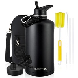 COKTIK 128 oz Insulated Water Bottle, Triple Wall Stainless Steel Flask, Keeps Drinks Cold for 48 Hrs Leak-Proof & BPA-Free Half Gallon Jug with Paracord Handle, Straw & Spout Lids(Black)