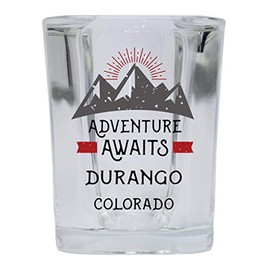 Durango Colorado Souvenir 2 Ounce Square Base Liquor Shot Glass Adventure Awaits Design
