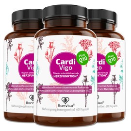 BonVigo CardiVigo Kapseln mit Q10 - Thiamin B1 unterstützt normale Herz-Funktion, Folat normalen Homocystein Stoffwechsel - Pflanzen Komplex Weißdorn Crataegutt, Rohkakao, Schwarzer Knoblauch (3)
