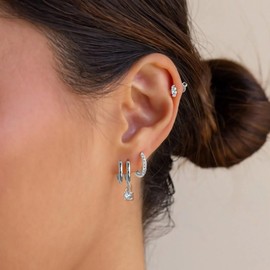 ENVYOU Rhodium Silver Plated Stackable Earrings Set for Women - 4 Pairs Dainty Hoop & Stud Earring Set, Hypoallergenic Layered Ear Jewelry, Minimalist Surgical Steel Huggie Hoops & Tiny Studs for Daily Wear