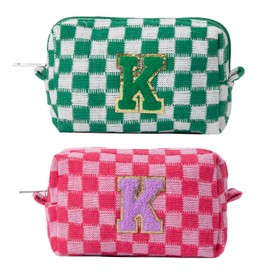 Ouksma 2 Pcs Initial Cosmetic Bag Checkered Makeup Bag Travel Toiletry Bag (K, Hot Pink/Green)