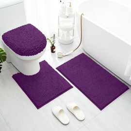 BYSURE Deep Purple Bathroom Rugs Sets 3 Piece with Toilet Lid Cover Non Slip Extra Absorbent Plush Chenille Soft Washable Bath Mats