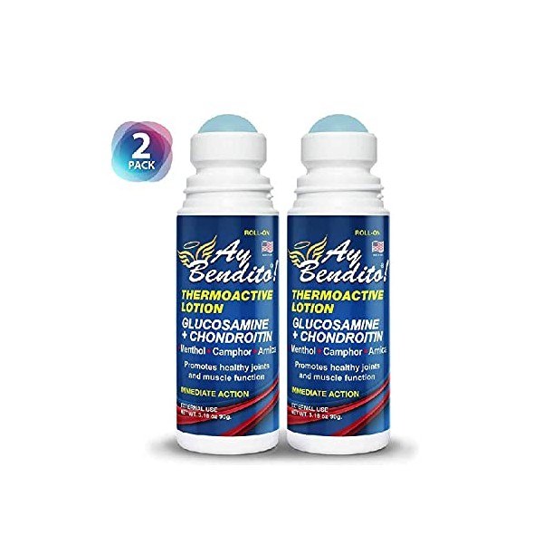 Ay Bendito! Thermoactive Lotion with Glucosamine + Chondroitin for Faster Pain Relief on Joints and Muscle Function - 3.18 oz Roll-on - Two Pack