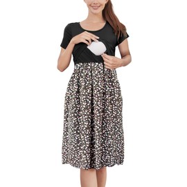 PARNIXS Women's Nursing Dress Summer Short Sleeve Patchwork Pregnancy Clothes with Pockets, Medium
