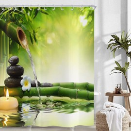 Hnmdmyi Zen Garden Shower Curtain, 180 x 180 cm, Spa Green Bamboo, Black Stone, White Flower, Bathtub Curtain, Japanese Meditation, Relaxing, Waterproof, Polyester Fabric, Washable Bath Curtain with