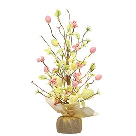 RoseCraft Easter Decorations, 18 Inch Pre-Lit Easter Egg Tree Tabletop Decor with Delicate Oranments, for Home Party Wedding Holiday Spring Summer Decoration - Gifts, Yellow/Pink.