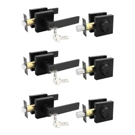 Tinewa 3 Pack Square Keyed Alike Front/Exterior Door Levers with Single Cylinder Deadbolt, Flat Black Entry Door Knob Lock Set with Deadbolt Combination Sets, for Entrance/Front and Office Doors