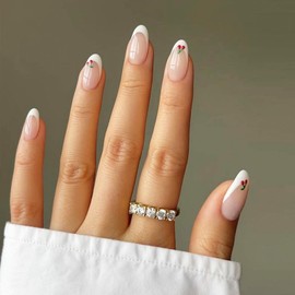 Press on Nails Short - 24pcs Almond False Nails with Cherry Patterns - Nude Natural French Tip Stick on Nails in 12 Sizes - Full Cover Acrylic Nail with Nail File & Sticky Tabs