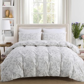 Cozaline Floral Comforter Set Queen Size 100% Cotton Comforter Sets, Reversible Grey Floral Comforters Lightweight All Season Farmhouse Bedding with Matching Pillowcases
