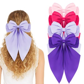 4 Pcs Silky Satin Hair Bows, Coquette Oversized Satin Bows Long Tail Hair Ribbon Bow Clips Barrettes Big Bowknot Large Cute Aesthetic red Pink Purple Dark Purple Bow Hairs Accessories Holiday Gifts