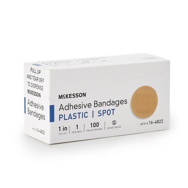 McKesson Adhesive Bandages, Sterile, Plastic Spot, 1 in, 100 Count, 24 Packs, 2400 Total