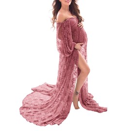 Saslax Lace Off Shoulder Doubly Split A-line Skirt Maternity Dress Soft Stretchy Pregnancy Prop Maxi Gown for Photoshoot Photography Antique Rose Small