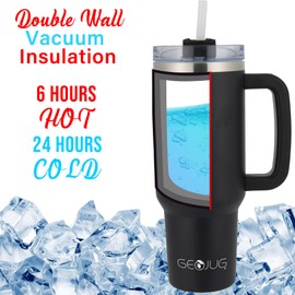 BRENTWOOD GEOJUG CMB-1200BK 40-Oz. Insulated Stainless Steel Tumbler Cup with Handle, Lid, and Straw, Black