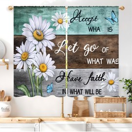 Famiffty Farmhouse Daisy Kitchen Curtain 27.5W X 39L Inch 2 Panel Rod Pocket Teal Floral White Flower Butterfly Wooden Plank Board Inspirational Small Short Cafe Tier Window Drapes Bathroom Home Decor