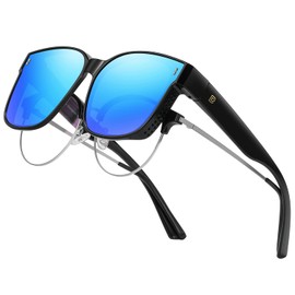 DUCO Fit Over Sunglasses for Men Women Wear Over Glasses Retro Wrap Around Polarized Sun Glasses UV400 Protection (B-Black Frame Revo Blue Lens)