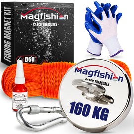 MAGFISHION Magnetic Fishing Set - 160 kg - Diameter 60 mm - Neodymium Magnet with Rope (20 m) and Gloves - Magnetic Fishing Angel - Eyelet Magnet - Fishing Magnetic Fishing Set