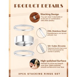 FANCH 3Pcs Rings for Women Stainless Steel Thumb Rings Non Tarnish Dainty Cubic Zirconia Eternity Stacking Knuckle Band Rings Set Promise Engagement Rings Silver T1/2