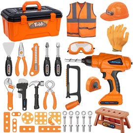 Magic4U Children's Construction Tool Toy Set, Children's Tool Shoulder Bag, Work Tools with Tool Toy, Hammer Pliers, Screwdriver Toy (Orange Tool Box Children)