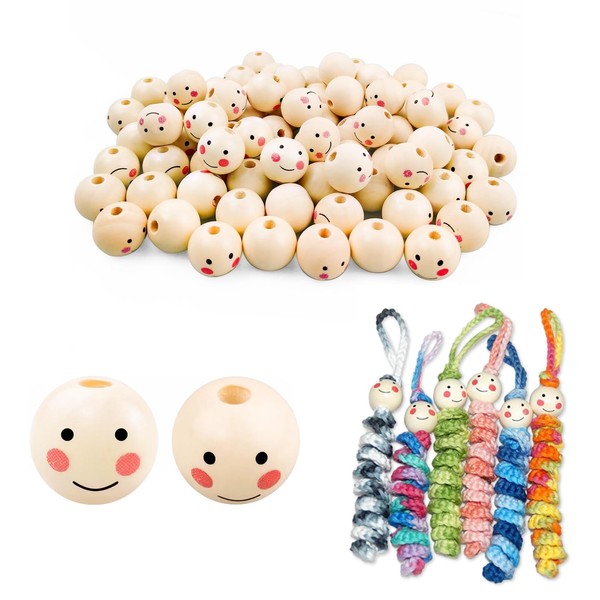TERJBG Pack of 70 Wooden Beads with Face, Wooden Balls with Face 20 mm, Wooden Beads Round, Natural Wood Beads for DIY Crafts Decorations, Jewellery Bracelet Necklace, Lucky Worries, Worry Worries