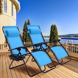 topment 2PCS Outdoor Zero Gravity Chair Set, Reclining Chair w/Adjustable Backrest & Removable Pillow, Relaxing Lounge Patio Folding Recliner w/Cup Holder for Backyard/Beach/Poolside (Light Blue)