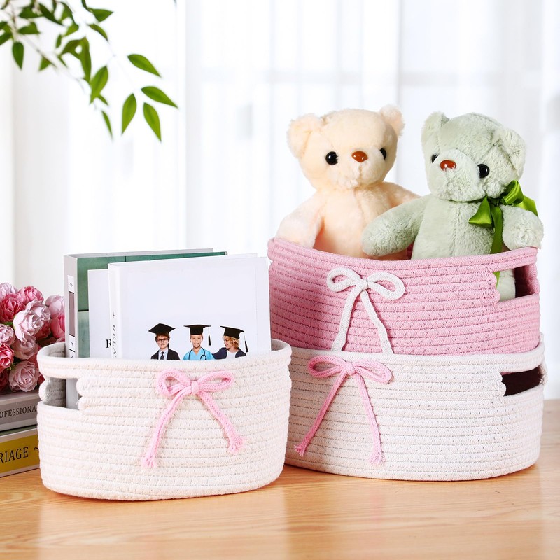 Breling 3 Pieces Coquette Bow Laundry Hamper Cotton Rope Storage