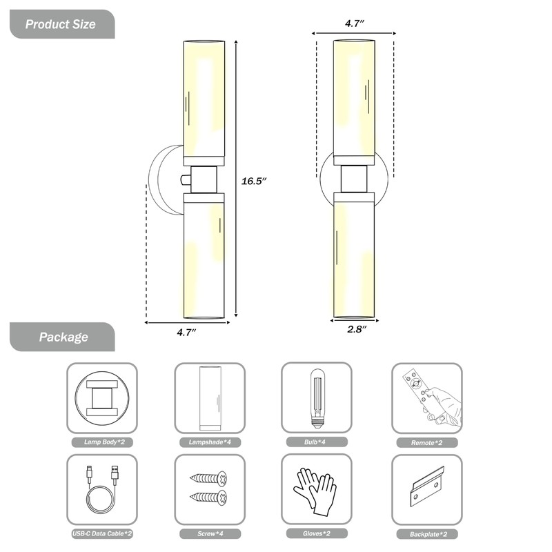 Rayogale Rechargeable Battery Wall Sconce Set of Two, 8000mAh Cordless,