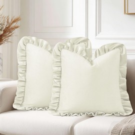JIUZHEN Ivory Velvet Throw Pillow Covers 16x16 for Couch Sofa Livingroom Bed，Pack of 2 Decorative Square Throw Pillow Covers with Ruffles