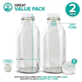 Stock Your Home Liter Glass Milk Bottles (2 Pack) - 32-Oz Milk Jars with Lids - Food Grade Glass Bottles - Dishwasher Safe - Bottles for Milk, Buttermilk, Honey, Maple Syrup, Jam, BBQ Sauce