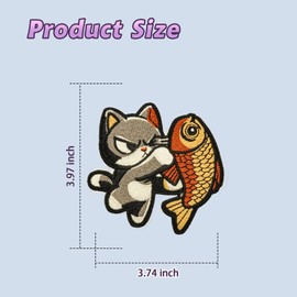 Obokata Animal Embroidered Patches, Cartoon Patche, Kung Fu Black Cat Catching Fish, Sew/Iron On DIY Patch, Fun Decorative Badge for Jackets, Denim, Hats, and Clothing