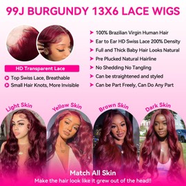 A8 Burgundy Wig Human Hair 99j 13x6 HD Lace Front Wigs Human Hair Pre Plucked 30 Inch Body Wave Red human hair Wig 10A 200 Density Glueless Frontal Wigs with Baby hair for Women