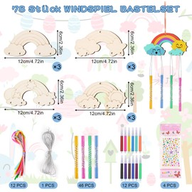 Wind Chime Craft Set Children 78 Pieces, Rainbow Crafts Children's Birthday, Rainbow Wooden Wind Chime Crafts with Hanging Wind Chimes, Wooden Crafts Children for Girls/Boys DIY Birthday Crafts