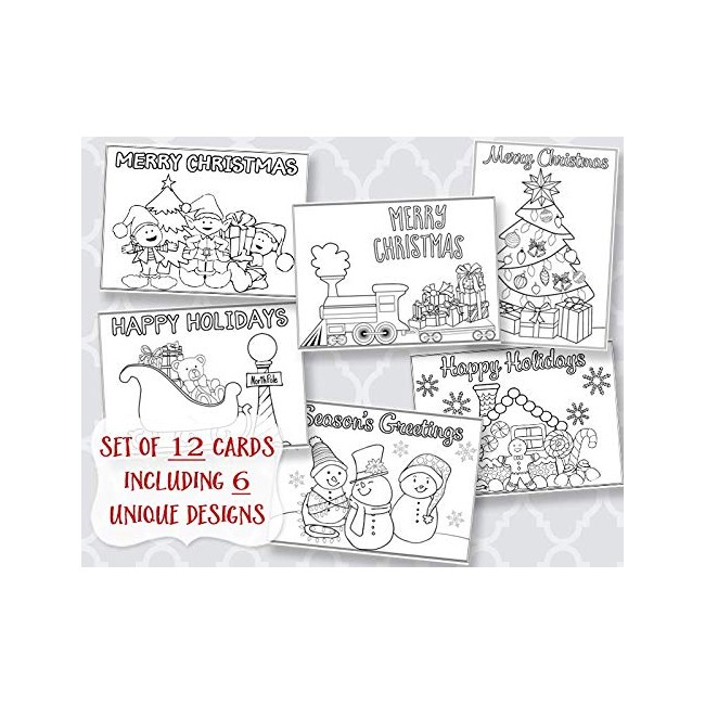 Christmas, Coloring, Greeting Cards, Holiday Greetings, Color Me Joyful, Printed, Assortment, 12 Flat Cards, With White Envelopes, Kids, Adult, DIY, Crafts, Grandchildren, Assortment Pack