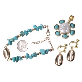 Set, Gold Plated Cowie Shell Turquoise Magnesite Adjustable Bracelet/Anklet +Pendant+ CLIP Earrings+CHAIN+ GIFT BAG