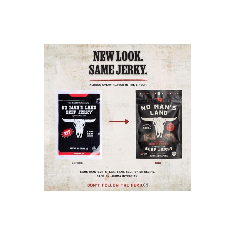 No Man's Land Crushed Red Pepper Beef Jerky, Hand-Cut Steak,