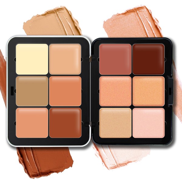HOSAILY 12 Colors Cream Concealer Contour and Highlighter Makeup Palette, Long-Wearing Smudge Proof Blendable Full Coverage Cream Foundation Palette, Color Correcting Concealer Cream Makeup