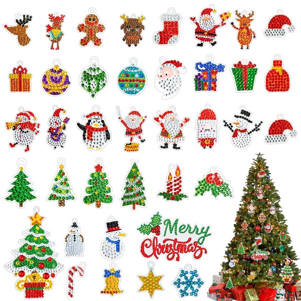 Vordpe Pack of 38 Diamond Painting Christmas, 5D DIY Diamond Painting Pendant Keyring for Christmas Decoration, Diamond Painting Children for Gift Idea (Small)