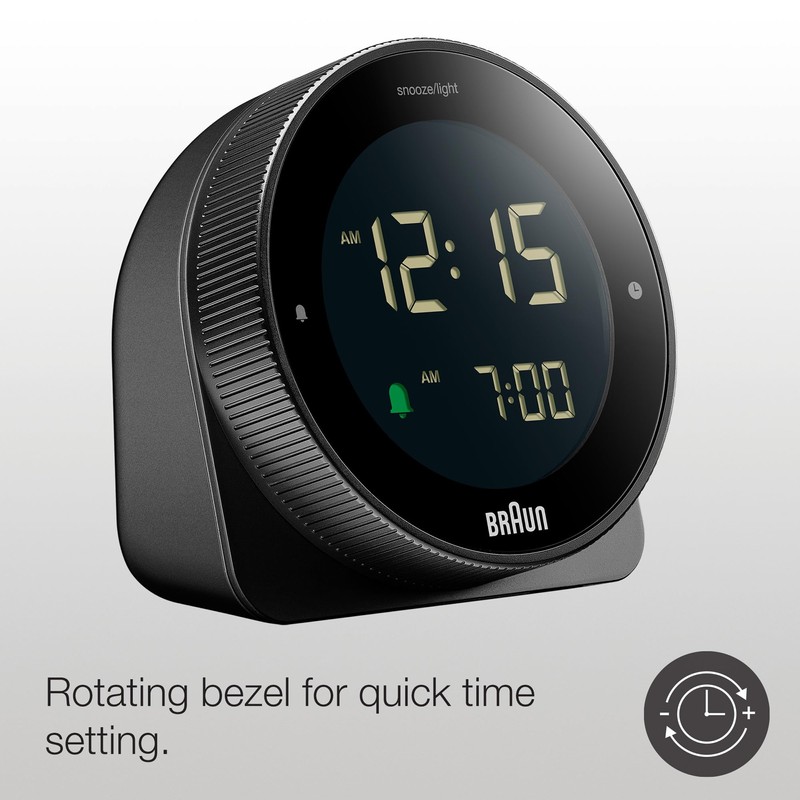 Braun Digital Alarm Clock with Snooze, Negative LCD Display, Rotating