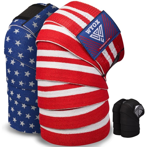 WYOX Knee Wraps (Pair) with Strap for Squats, Weightlifting, Powerlifting,
