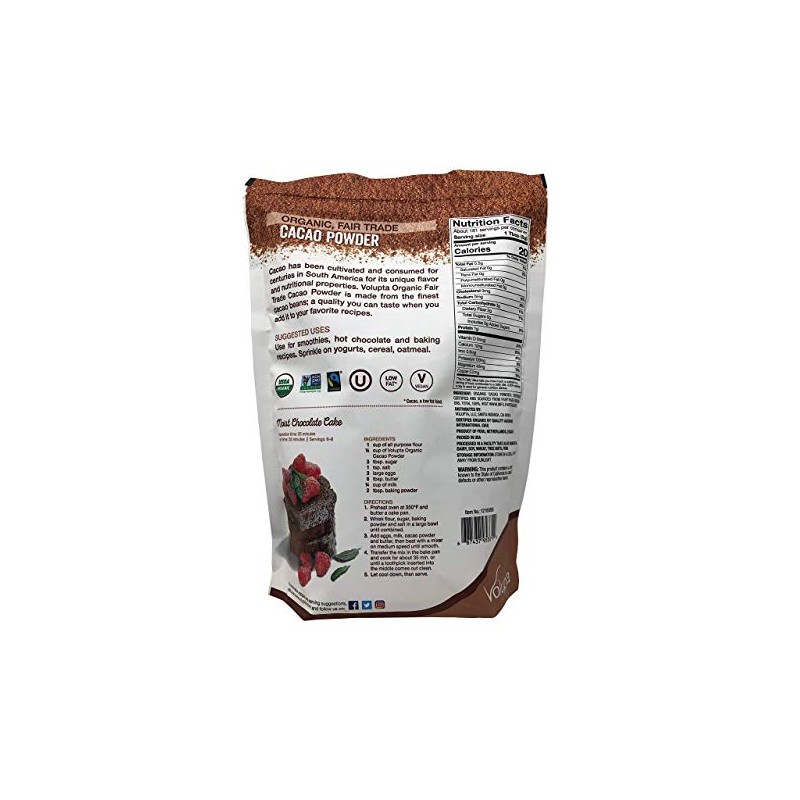 Volupta Organic & Fair Trade Unsweetened Super Food Cacao Powder,
