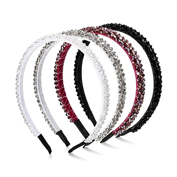 4 Pieces Crystal Rhinestone Headbands Shiny Non-Slip Beaded Hairband Bling Bling Hair Bands Hair Accessories Hair Decoration for Women Girls (Black, White, Purple, Gray, 1.2 cm/ 0.5 Inch)