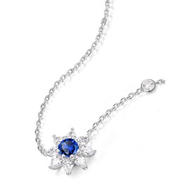Floral Moissanite Blue Sapphire Necklace for Women Imitation Diamond 925 Silver Bling Bridal Wedding Necklace