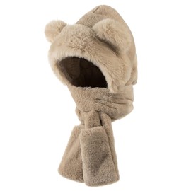 Kids Winter Hood Hat Scarf and Gloves Cute Bear Plush Hat Neck Warmer Mitten for Girls and Boys 4-12 Years Old