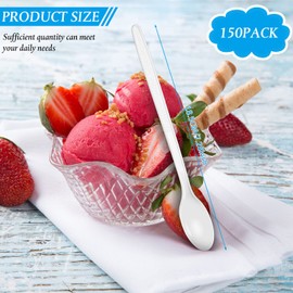 Romooa 150 Pieces White Plastic Sundae Spoons 7.2 Inch Disposable Utensils Ice Cream Spoons with Long Handle for Milkshakes, Tea and Floats, Stirring Cocktails and Tall Iced Beverages