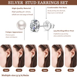 PABBEU 6 Pairs Sterling Silver Studs Earrings for Women, Small 925 Silver Stud Earrings Set with 5 A+ CZ Stud Earrings Pearl Stud Earrings for Women Gift