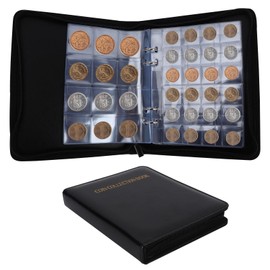 Qivine 360 Pockets Coin Collection Album, 20 Pages Coin Storage Books, Coin Collection Holder with Leather Cover, Money Storage Collector with 4 Lock Ring for Pennies Stamps