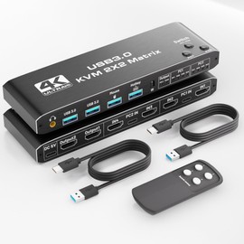Dual Monitor HDMI KVM Switch 2 Monitors 2 Computers, 4K@60Hz USB 3.0 KVM Switch with Audio Support and Wired Remote Control, Compatible with Windows, Mac (4K HDMI 2 Monitors 2 PC)