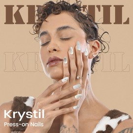 Krystil Press On Nails - 24 Nails Kit, White Acrylic Nails 3D Little Star Stick on False Nails, Almond Reusable Fake Nails with Glue | Salon Quality | Aurora